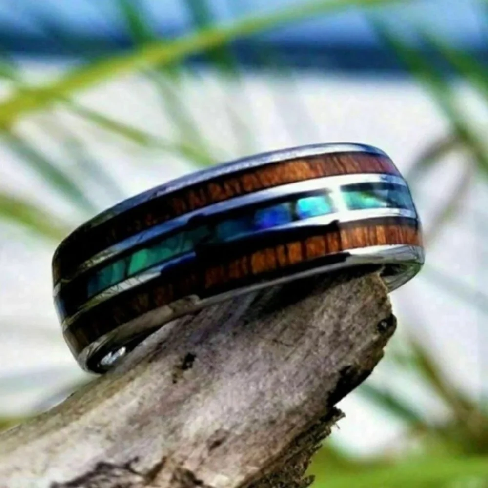 Mens Koa Wood and Abalone Shell Tungsten Carbide Wedding engagement ring